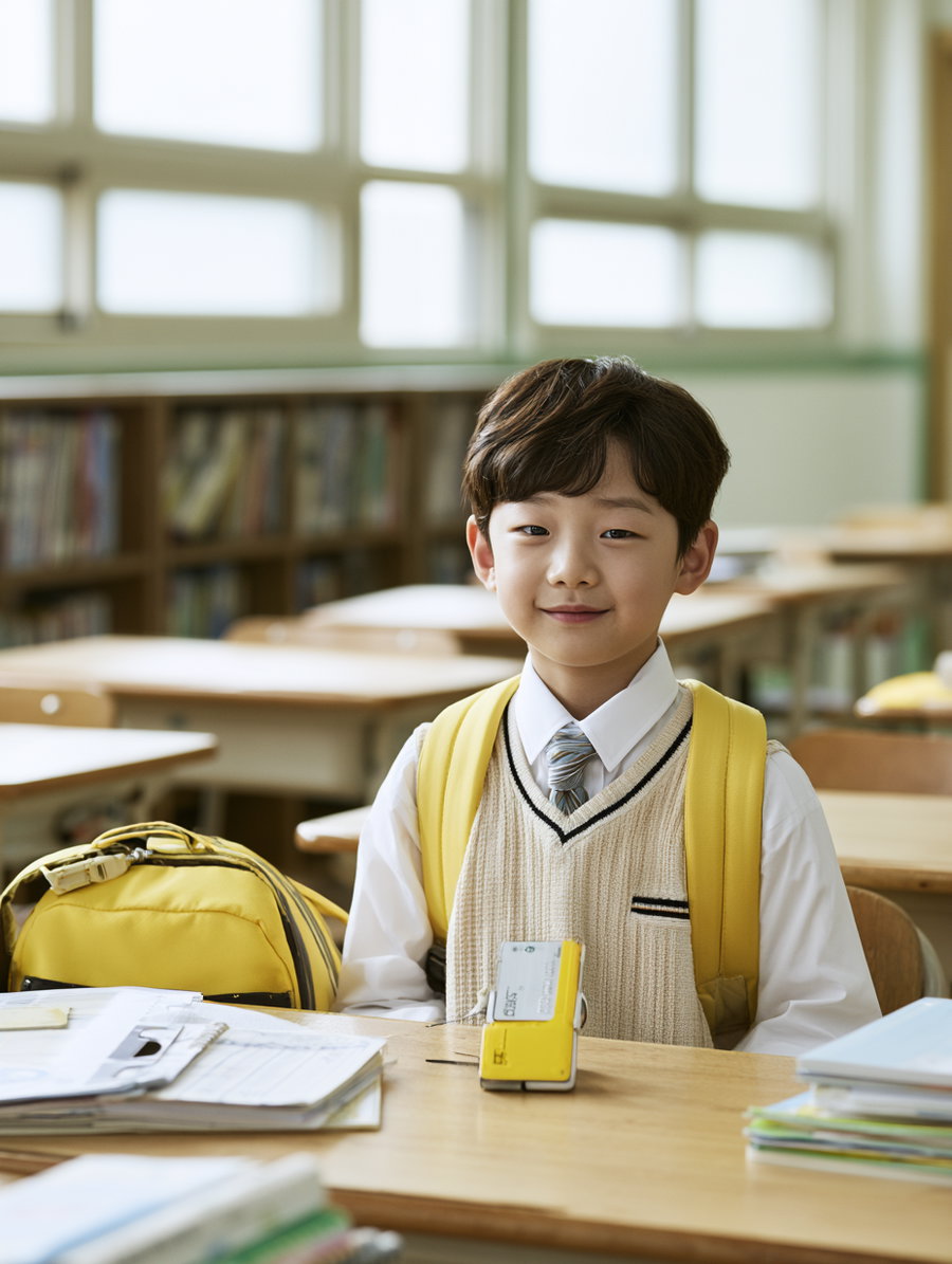 A young boy with dark hair wearing a beige sweater vest, white shirt, and tie sitting at a wooden desk in a classroom, with a yellow backpack and school supplies on the desk, shelves with books and large windows in the background.