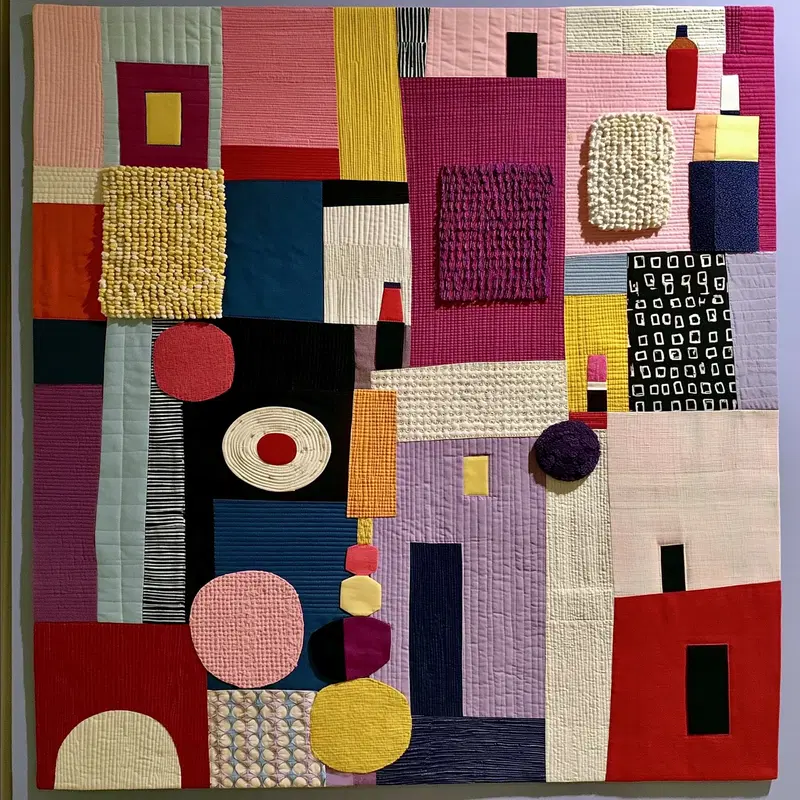 Colorful Abstract Textile Quilt with Geometric Shapes and Patterns
