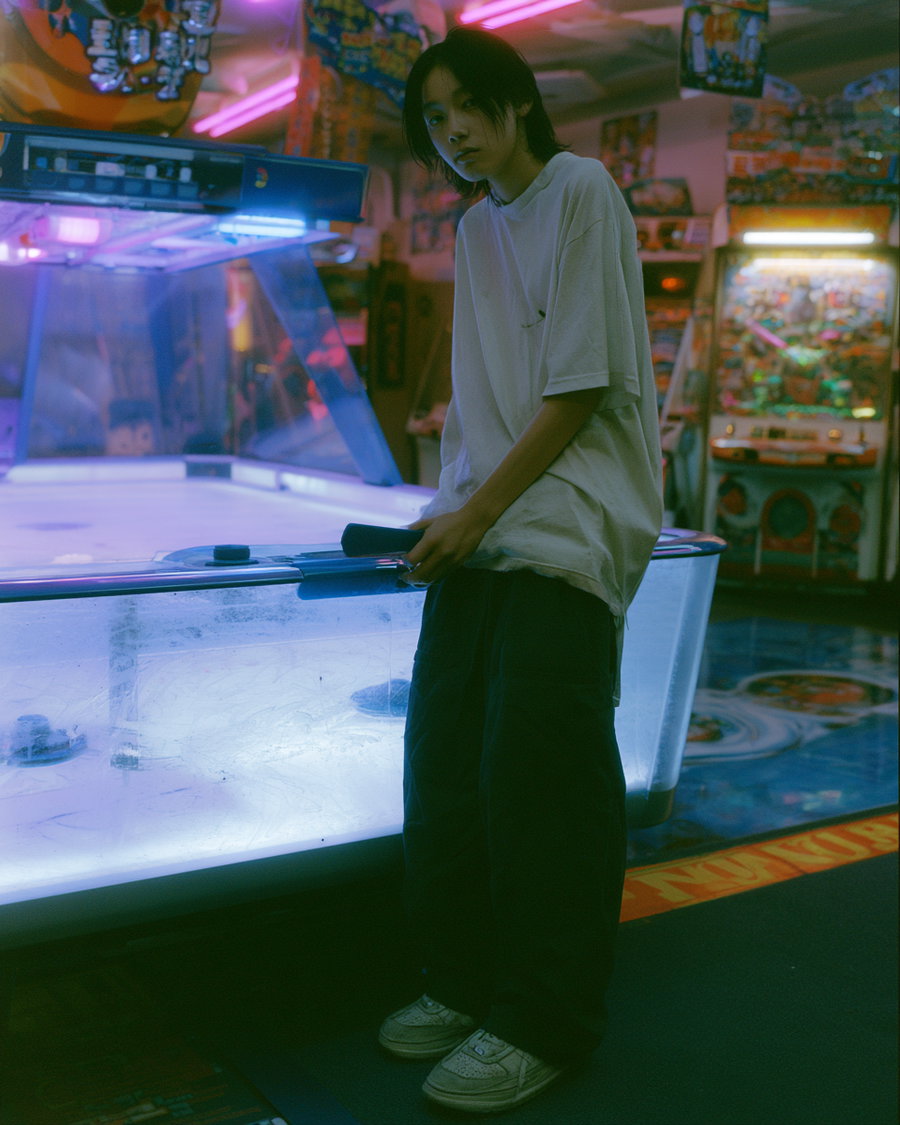 A person wearing a loose white t-shirt and dark pants standing next to an air hockey table in a dimly-lit arcade with colorful neon lights and game machines in the background