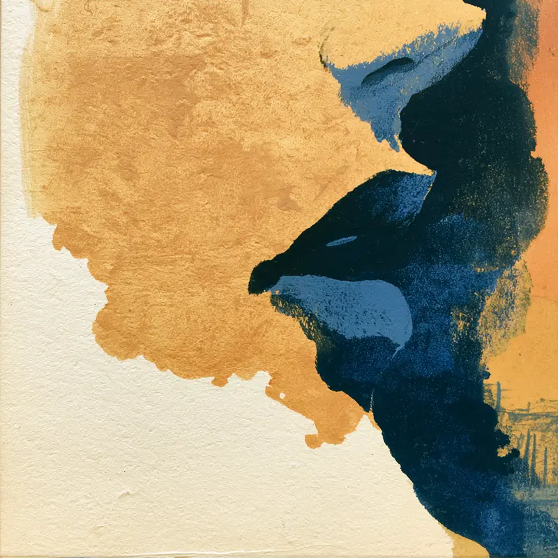 Abstract painting of a dark blue face profile on an orange and cream background