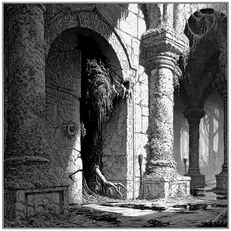 Intricately detailed black and white illustration of ancient ruins overgrown with vines and roots