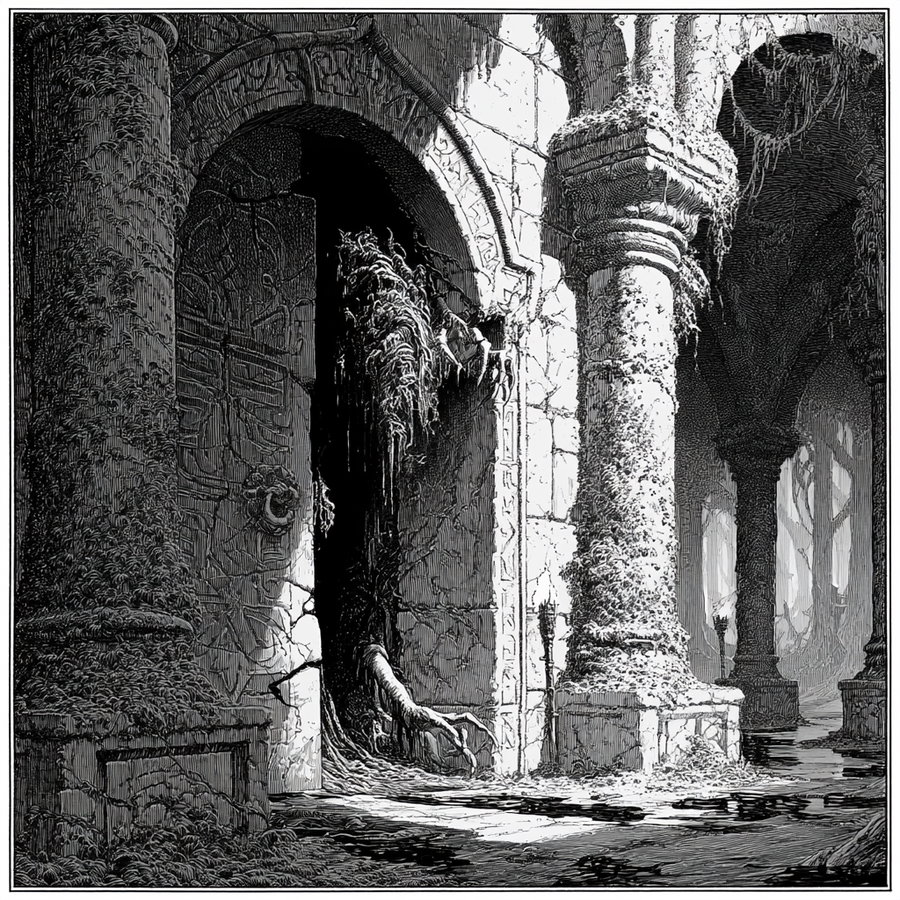 Black and white detailed drawing depicting ancient stone ruins with large columns and arches, overgrown with ivy and tree roots extending through a doorway into a dark interior