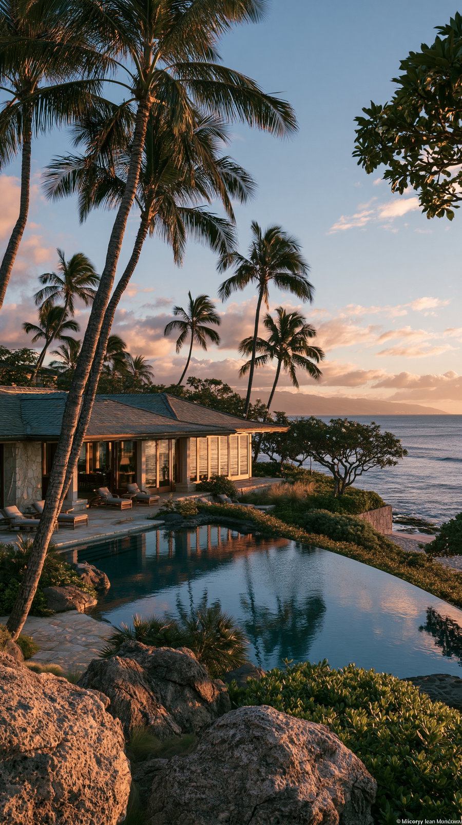 A tropical villa surrounded by palm trees and rocks with a pool reflecting the trees, overlooking the ocean under a blue sky with clouds during sunset