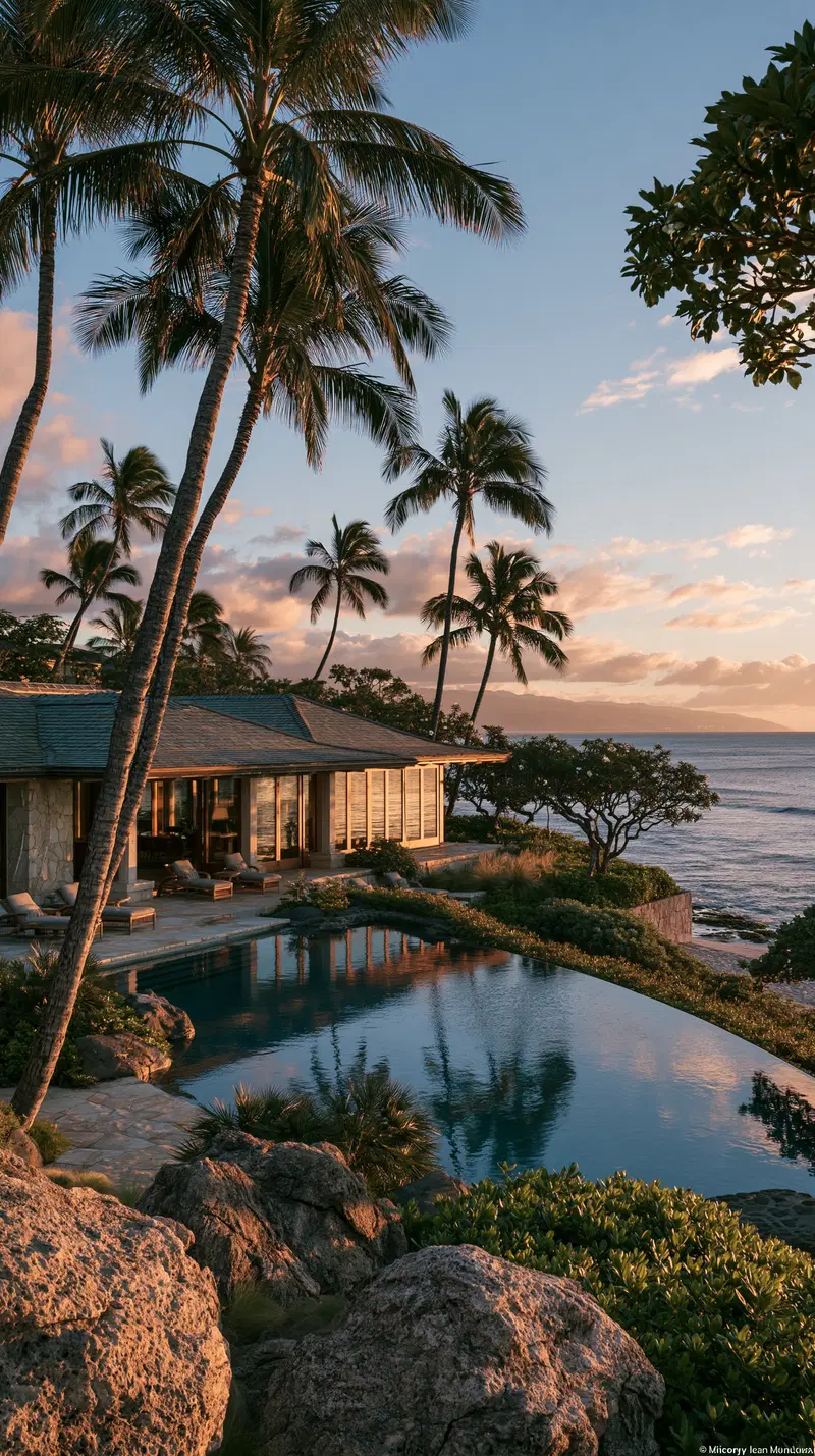 Sunlit tropical villa with pool overlooking ocean at sunset