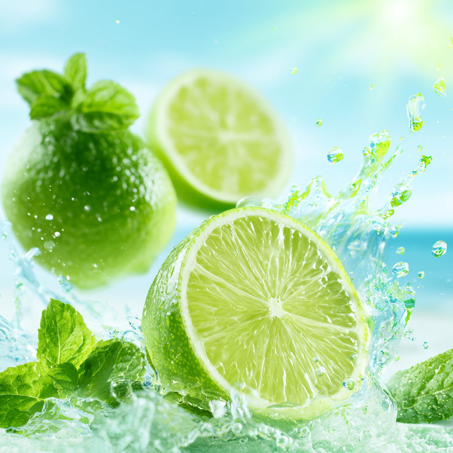 Bright green limes sliced and whole surrounded by fresh mint leaves with water splashing around them against a blue and white background