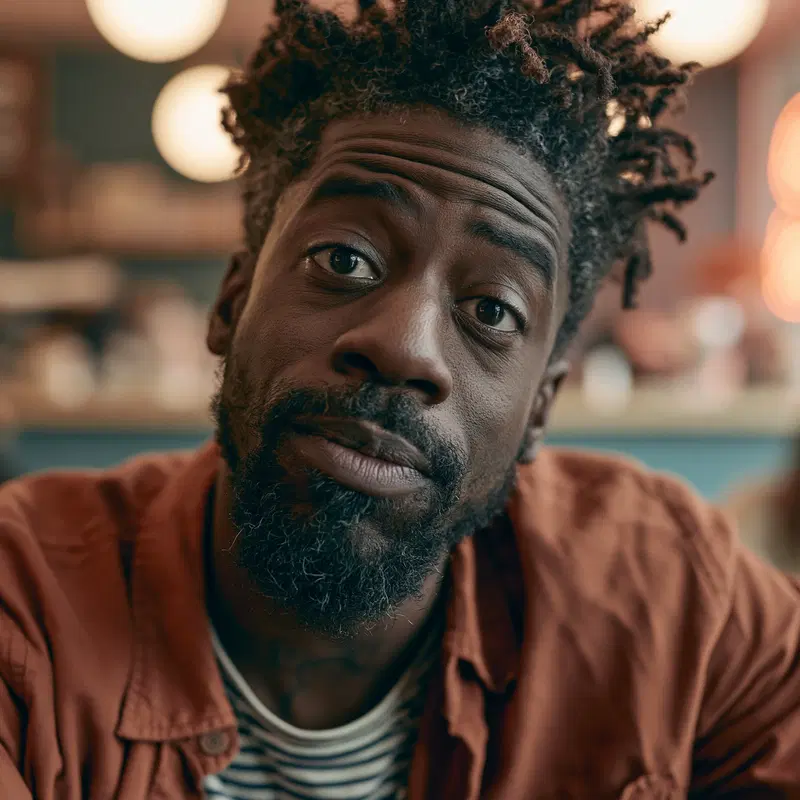 Close-up portrait of a man with expressive eyes and natural hair in warm lighting