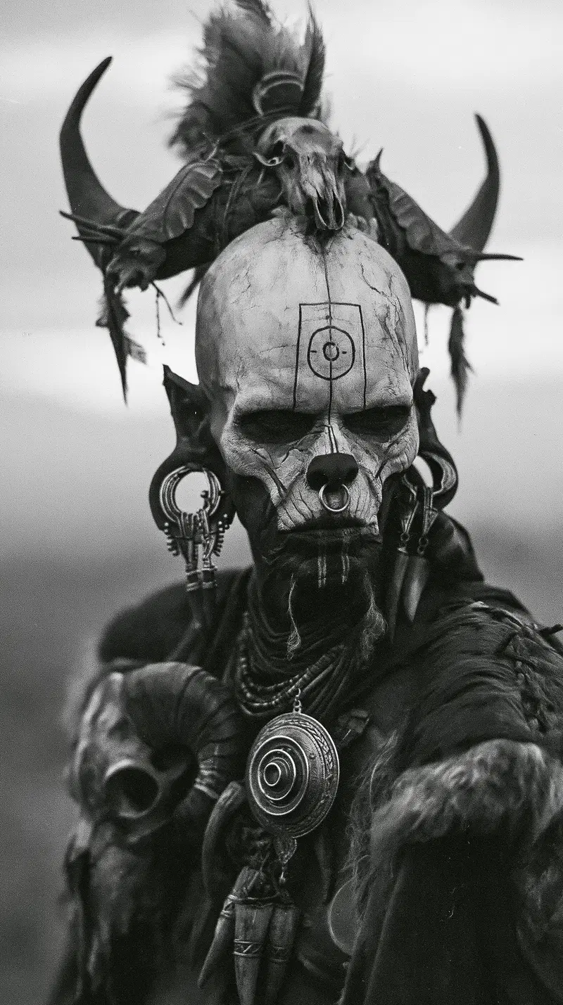 Dark fantasy portrait of a tribal warrior with skull face paint and elaborate horned headdress