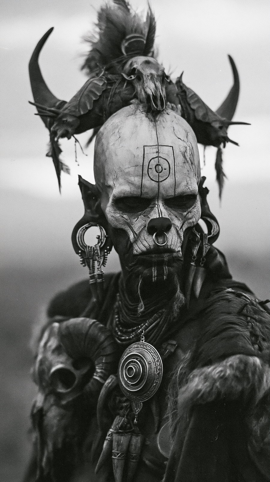 Black and white image of a tribal warrior with skull-like face paint featuring circular markings, wearing a large horned headdress, large ear ornaments, and layered necklaces with animal bones and charms.