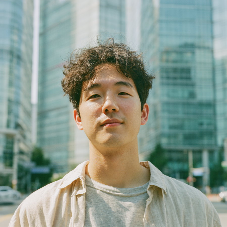 Close-up portrait of a young man with curly hair wearing a beige shirt and grey t-shirt with high-rise buildings in the blurred background