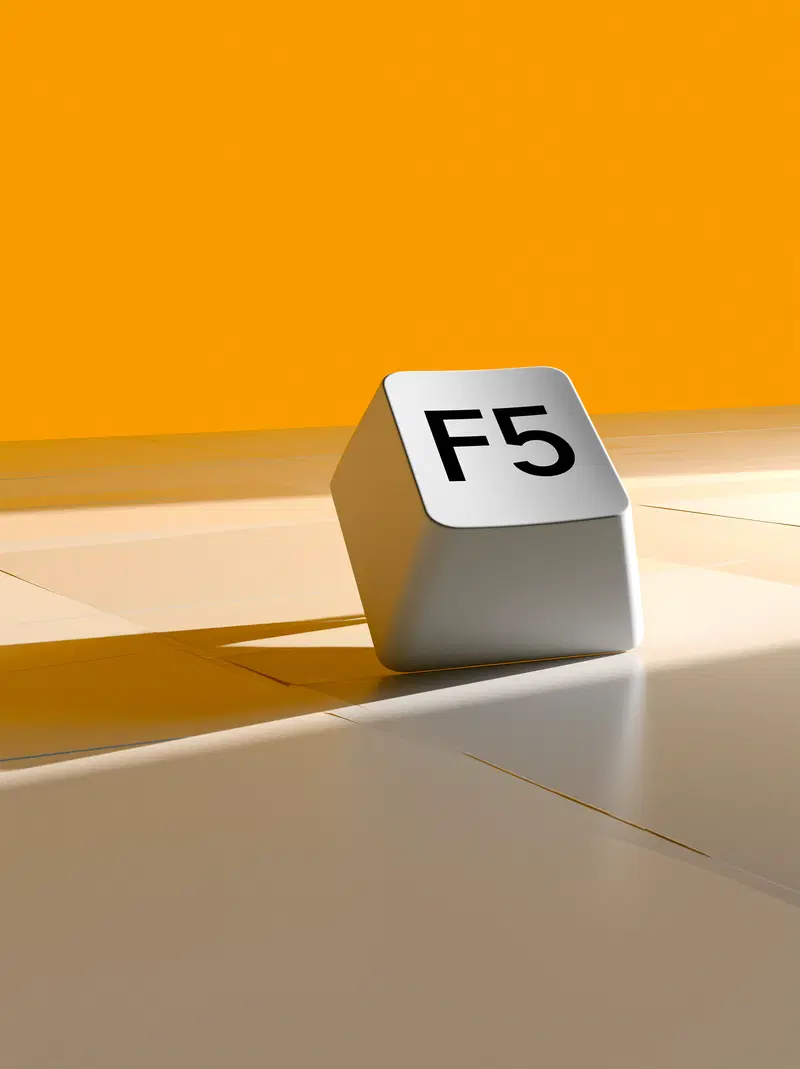 3D rendering of a large F5 keyboard key on a reflective floor with orange background