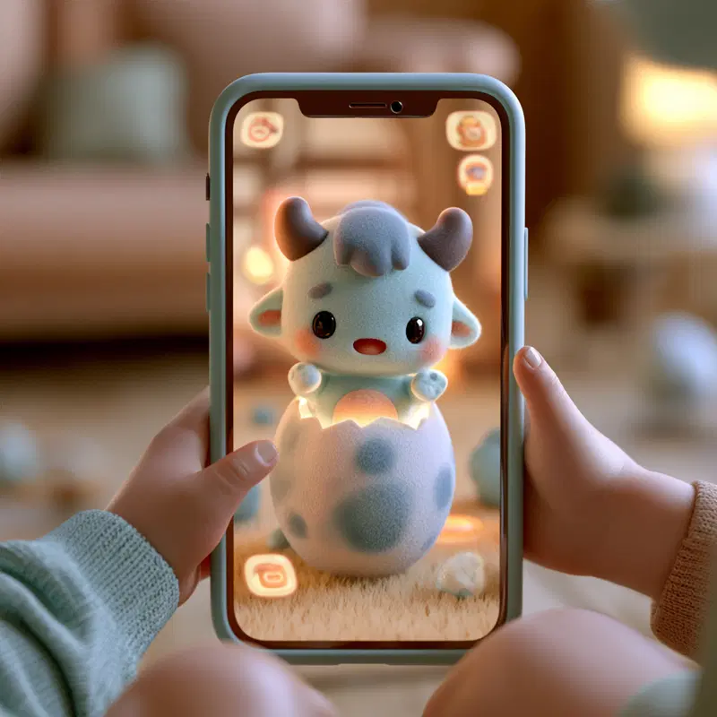 Cute cartoon character of a baby cow hatching from an egg on a smartphone screen
