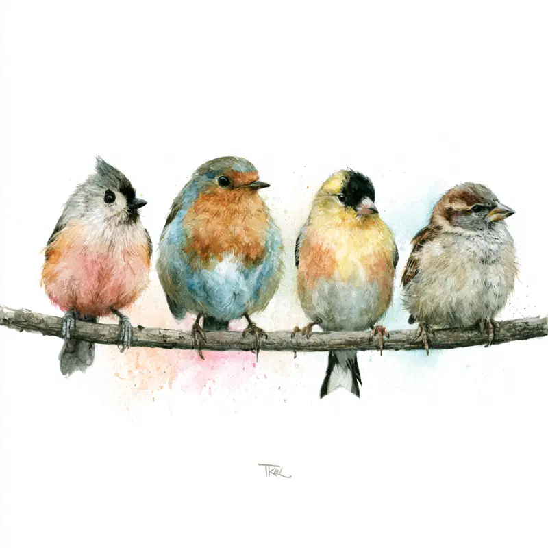 Watercolor painting of four small colorful birds perched on a branch