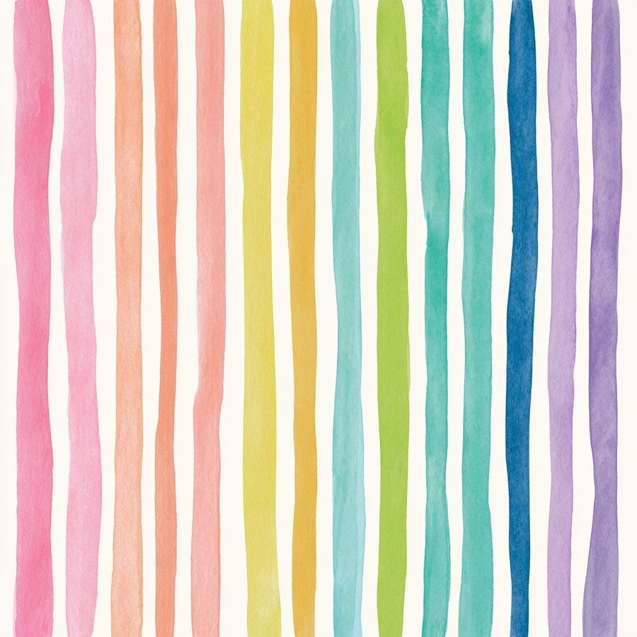 A series of vertical watercolor stripes in various colors including pink, orange, yellow, green, blue, and purple on a white background