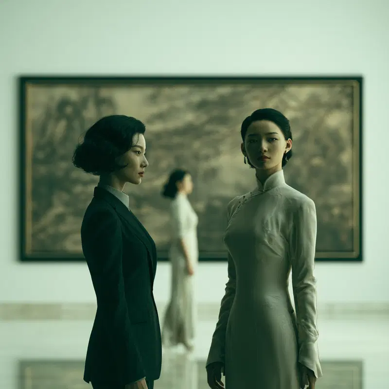 Elegant portrait of women in traditional and modern attire in art gallery