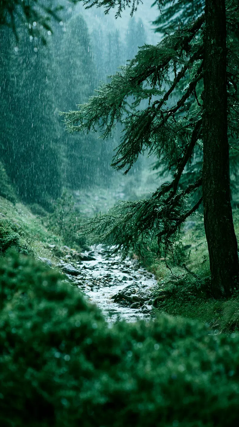 Dense forest stream flowing through lush greenery in the rain