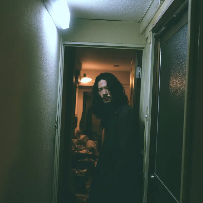 Moody portrait of a man with long hair in a dimly lit corridor