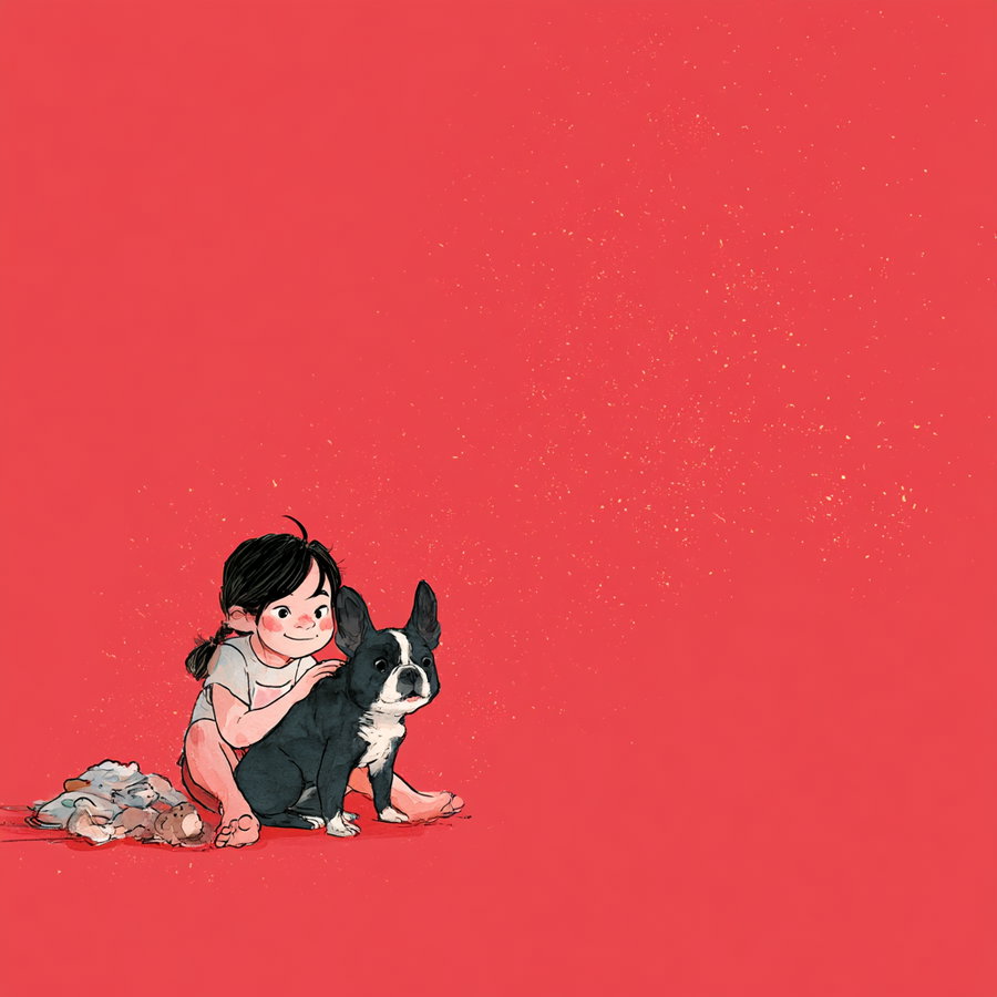 A cute illustration showing a small child with black hair sitting behind a black and white dog on a solid red, textured background with some scattered sparkles or specks.