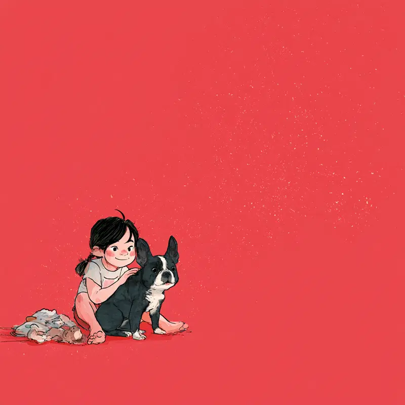 Illustration of a child sitting behind a black and white dog on a red background