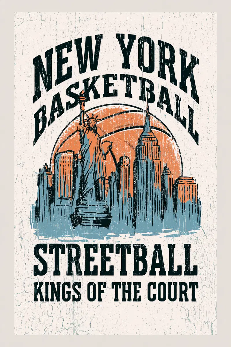 Vintage style New York streetball basketball poster with city skyline
