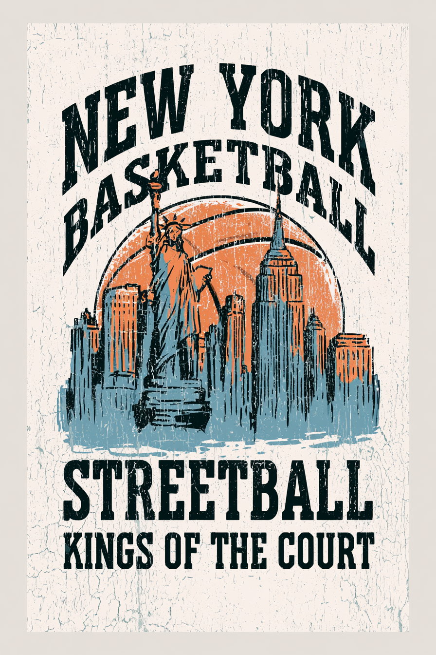 A distressed textured poster featuring New York City skyline with Statue of Liberty and an orange basketball in the background, text reads New York Basketball Streetball Kings of the Court