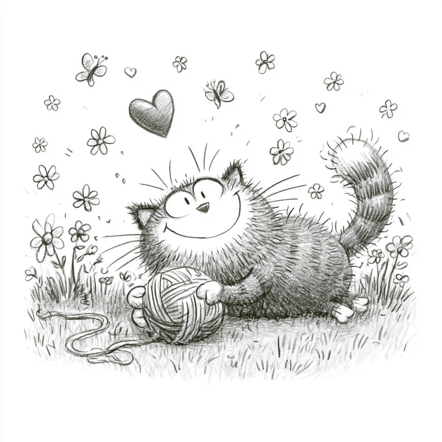 Black and white pencil drawing of a smiling fluffy cat holding a ball of yarn while lying on grass with flowers, butterflies, and hearts around