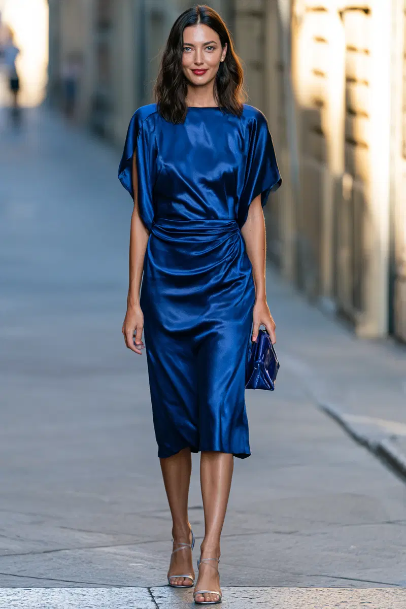 Elegant woman in a blue satin dress walking on the street