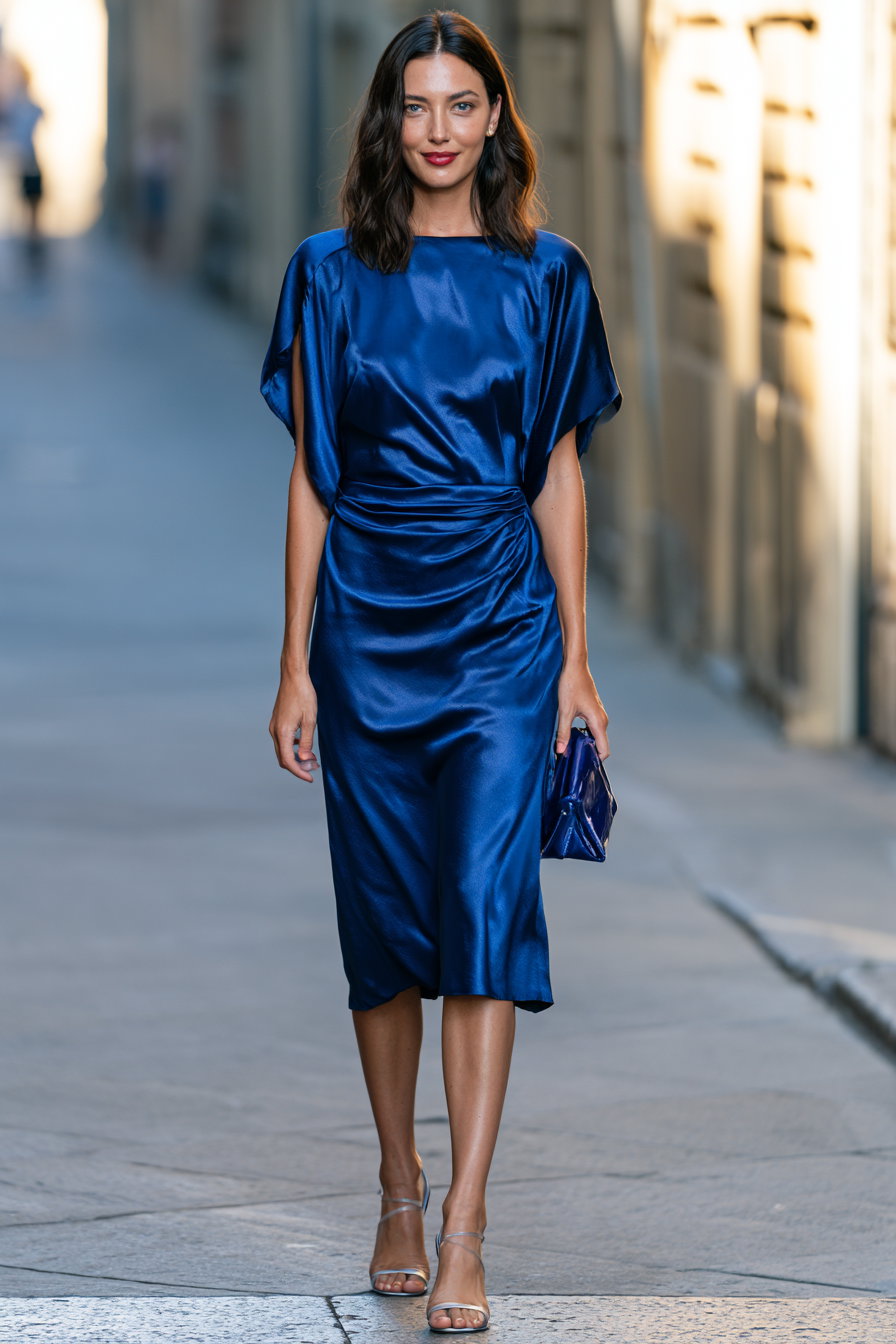 A woman walking down a street wearing a shiny blue satin midi dress, holding a matching blue clutch bag, and wearing silver open-toe heels