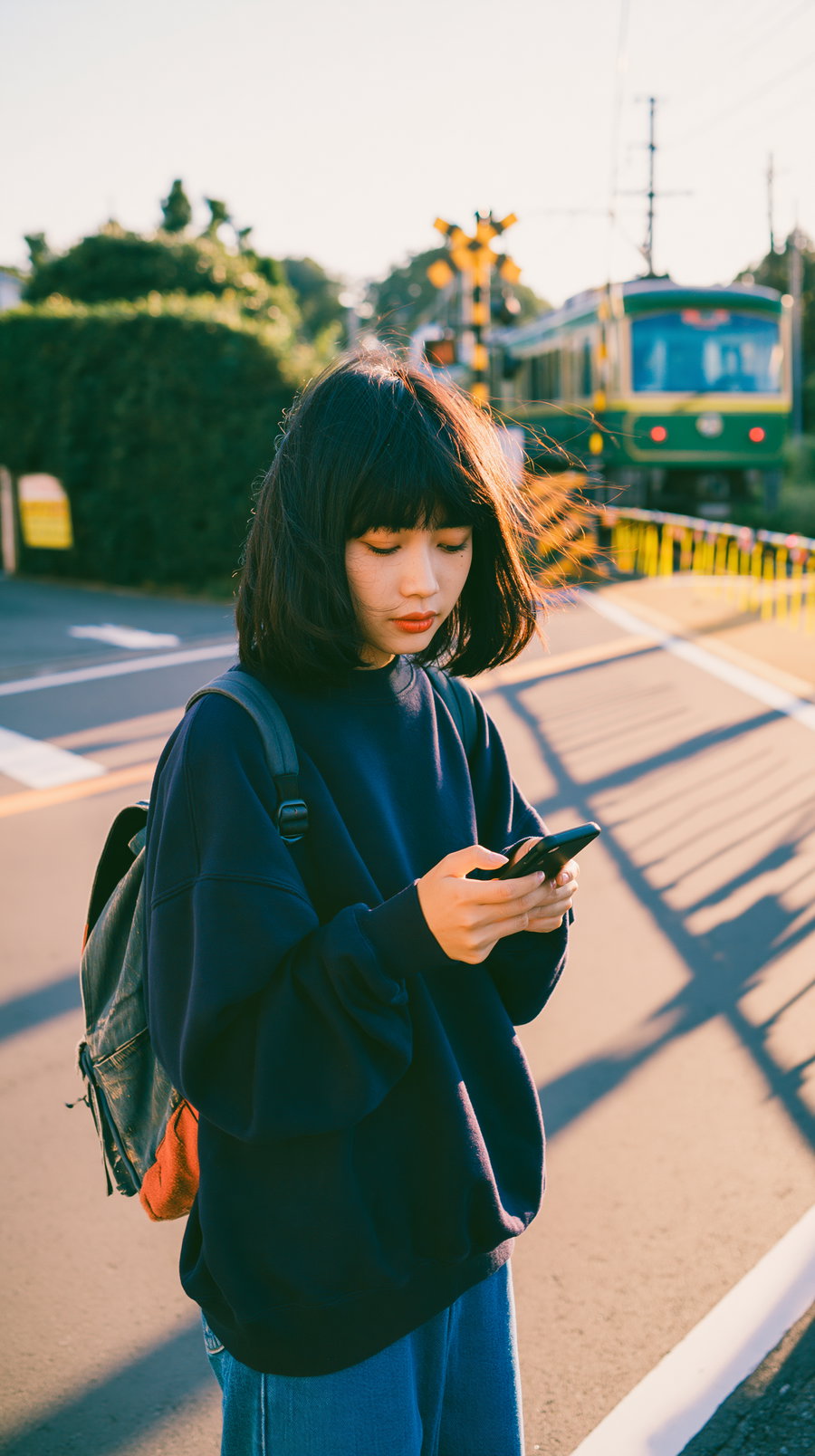 A young woman with black hair and bangs wearing a dark sweater and backpack is looking down at her smartphone near a railway crossing with a train in the background during sunset.