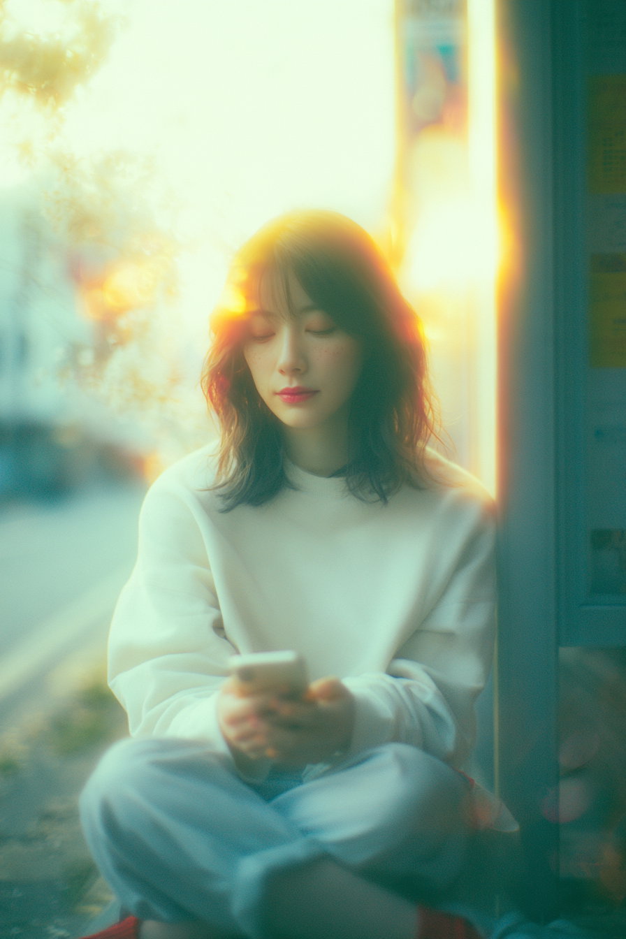 A young woman with shoulder-length dark hair and freckles sits cross-legged, wearing a white sweatshirt and holding a smartphone, illuminated by warm sunlight creating a dreamy glow.