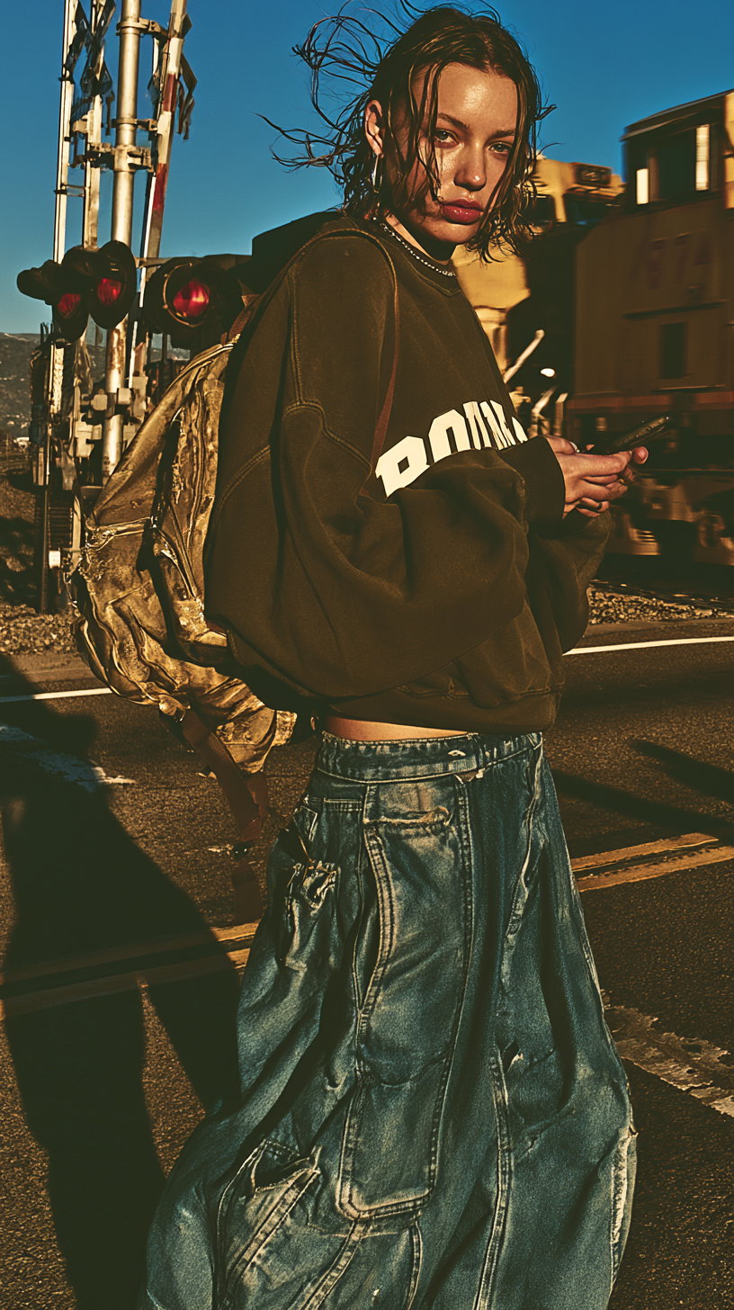 Person with wet hair wearing an oversized black sweatshirt and patchwork denim skirt, standing by a railway crossing with a moving train in the background