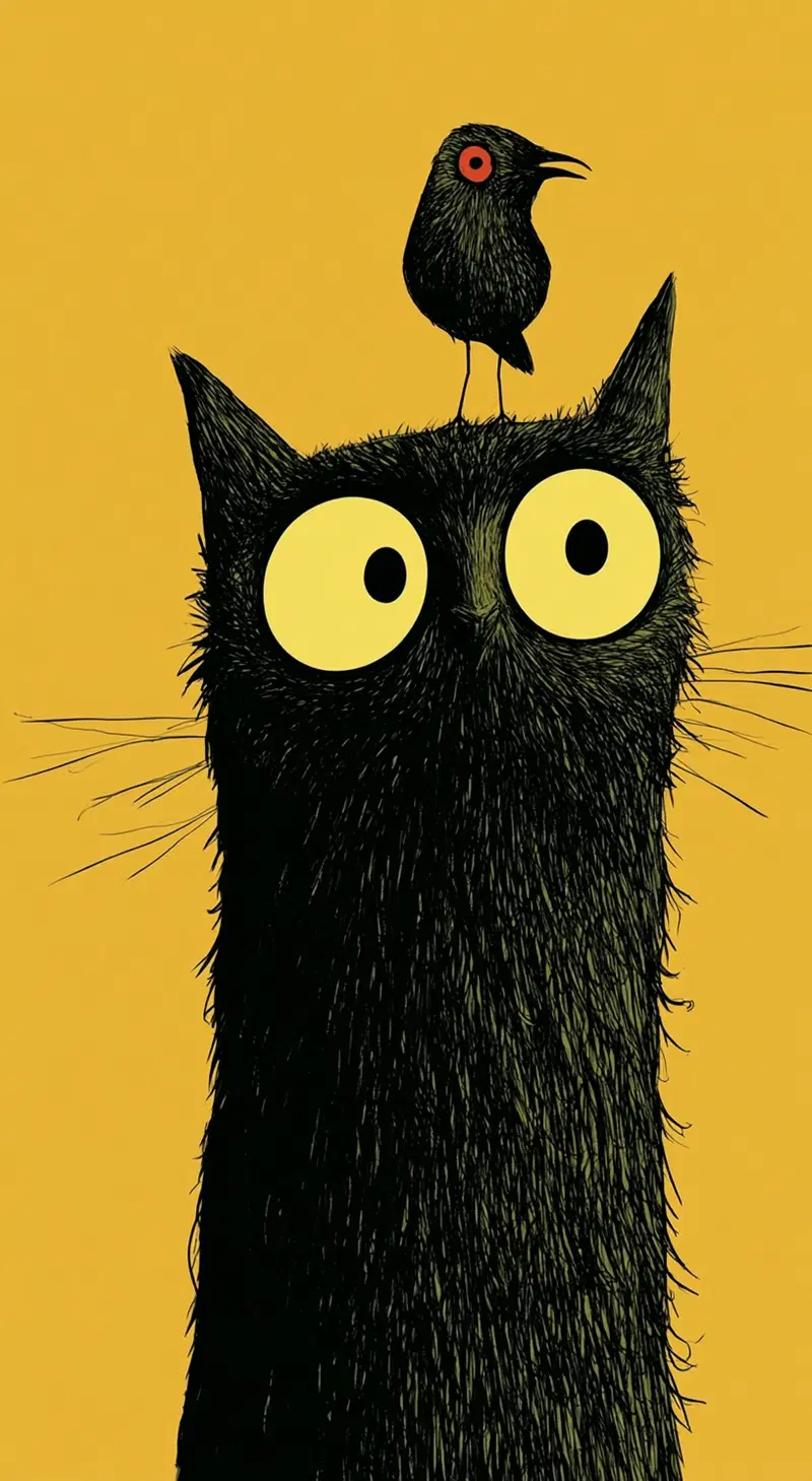 Quirky black cat with wide yellow eyes and a black bird perched on its head