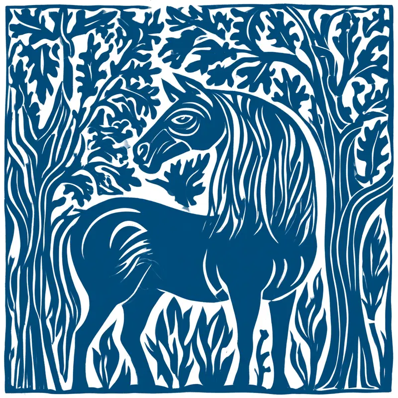 Intricately carved blue wood artwork of a horse surrounded by trees and leaves