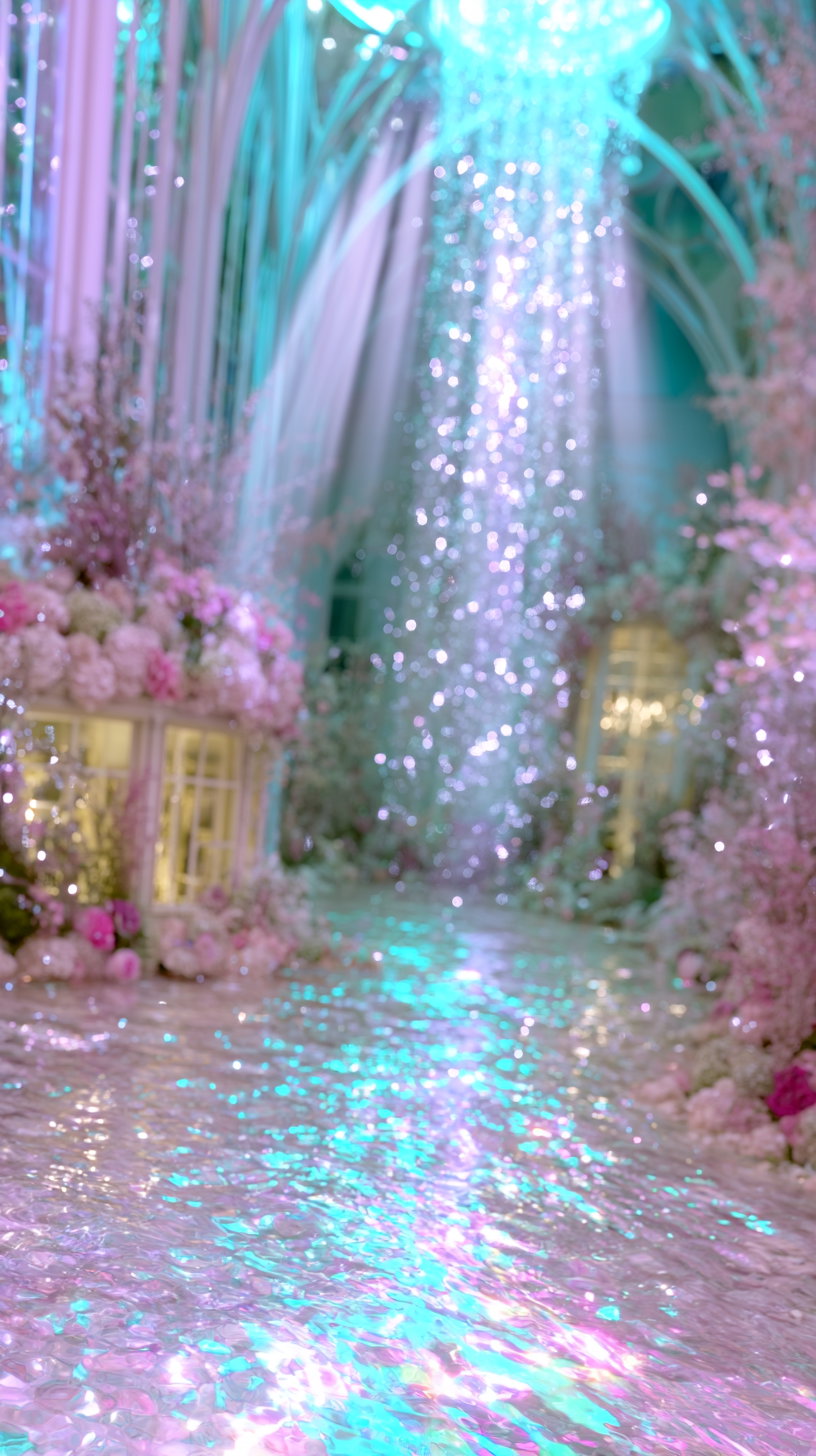 A dreamy indoor environment featuring cascading sparkling lights from the ceiling, surrounded by lush pink and white flowers, with reflective iridescent floor panels creating a magical atmosphere