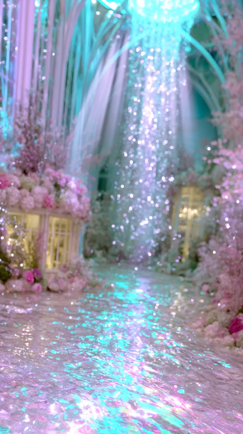 Ethereal indoor fantasy setting with cascading lights and floral decor