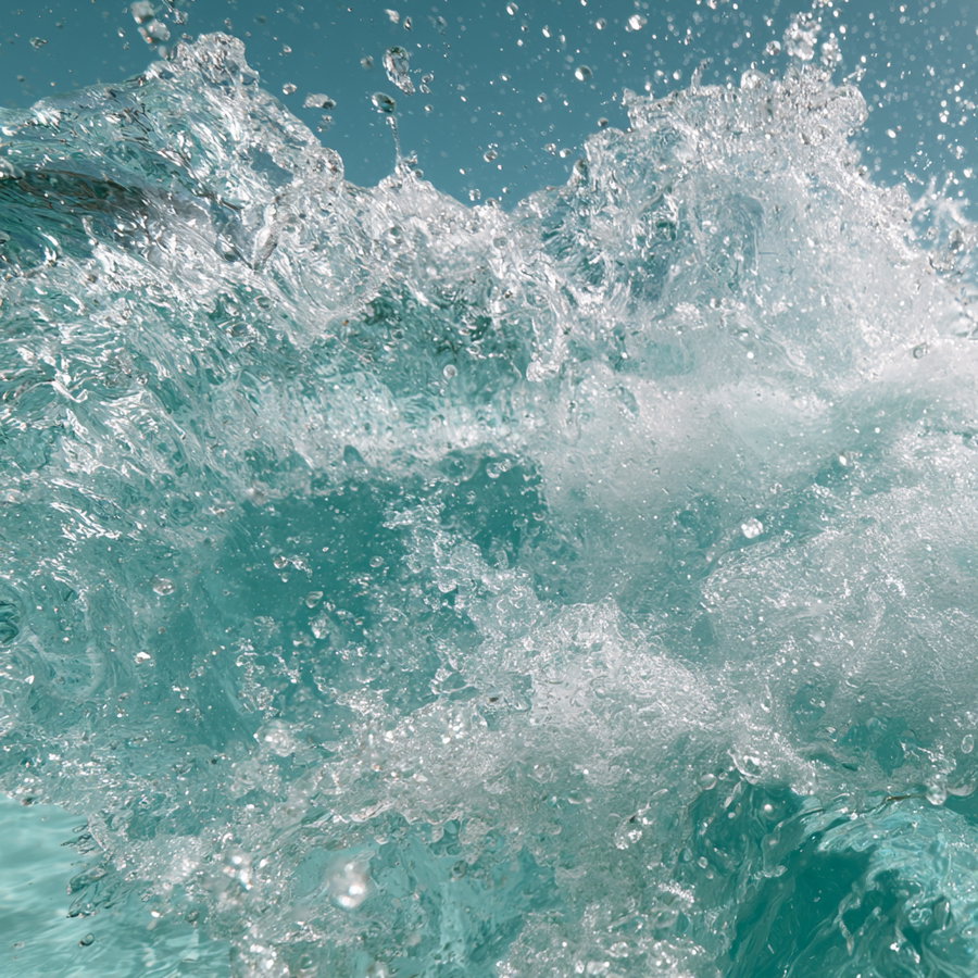 Close-up image of turquoise ocean water splashing with droplets against a blue sky background