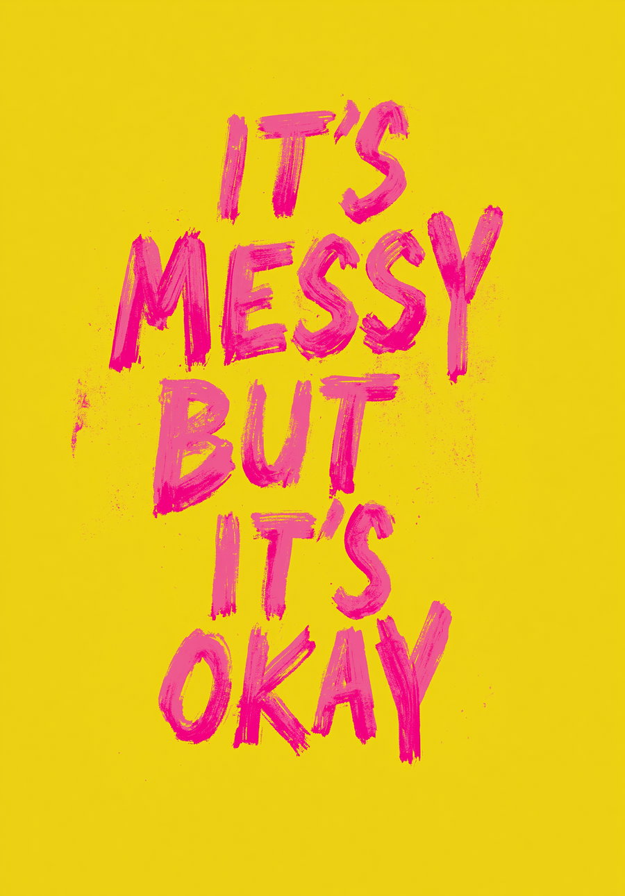 Bright yellow background with large, messy pink hand-painted text saying It's Messy But It's Okay