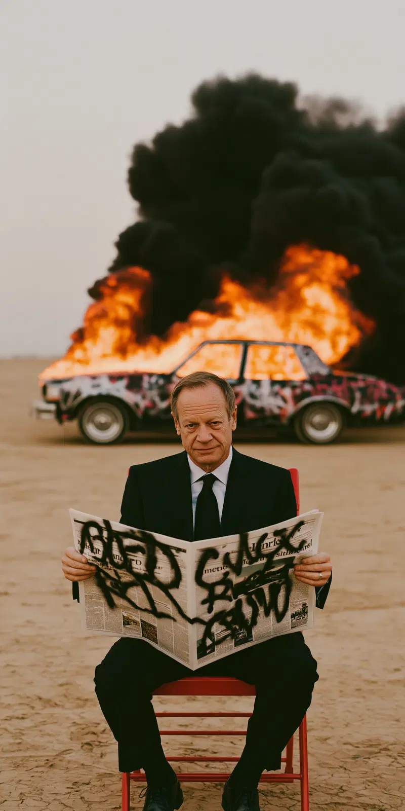 Man in suit reading graffiti-covered newspaper with burning car in desert