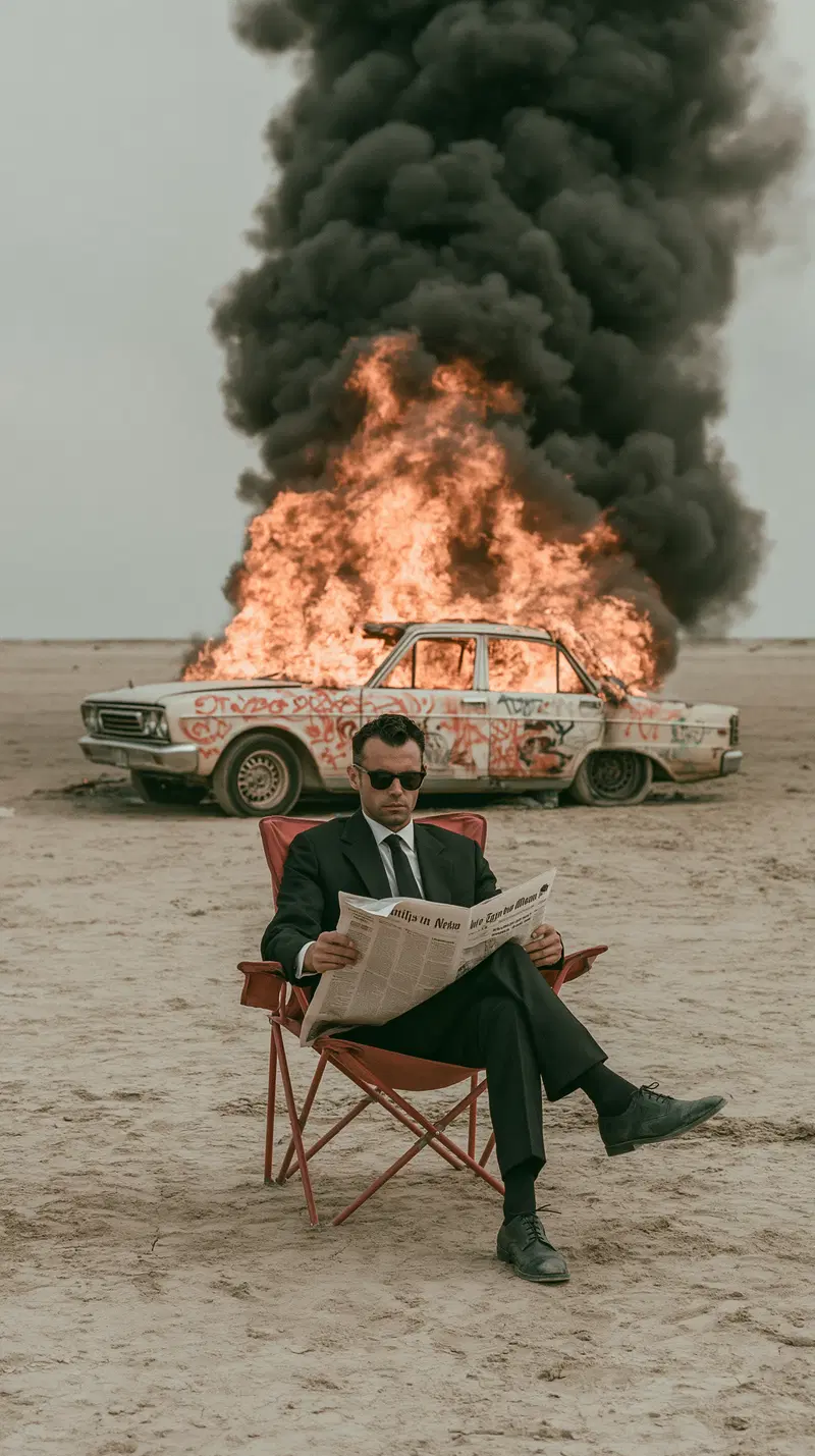 Man in suit reading newspaper calmly in front of burning car in desert