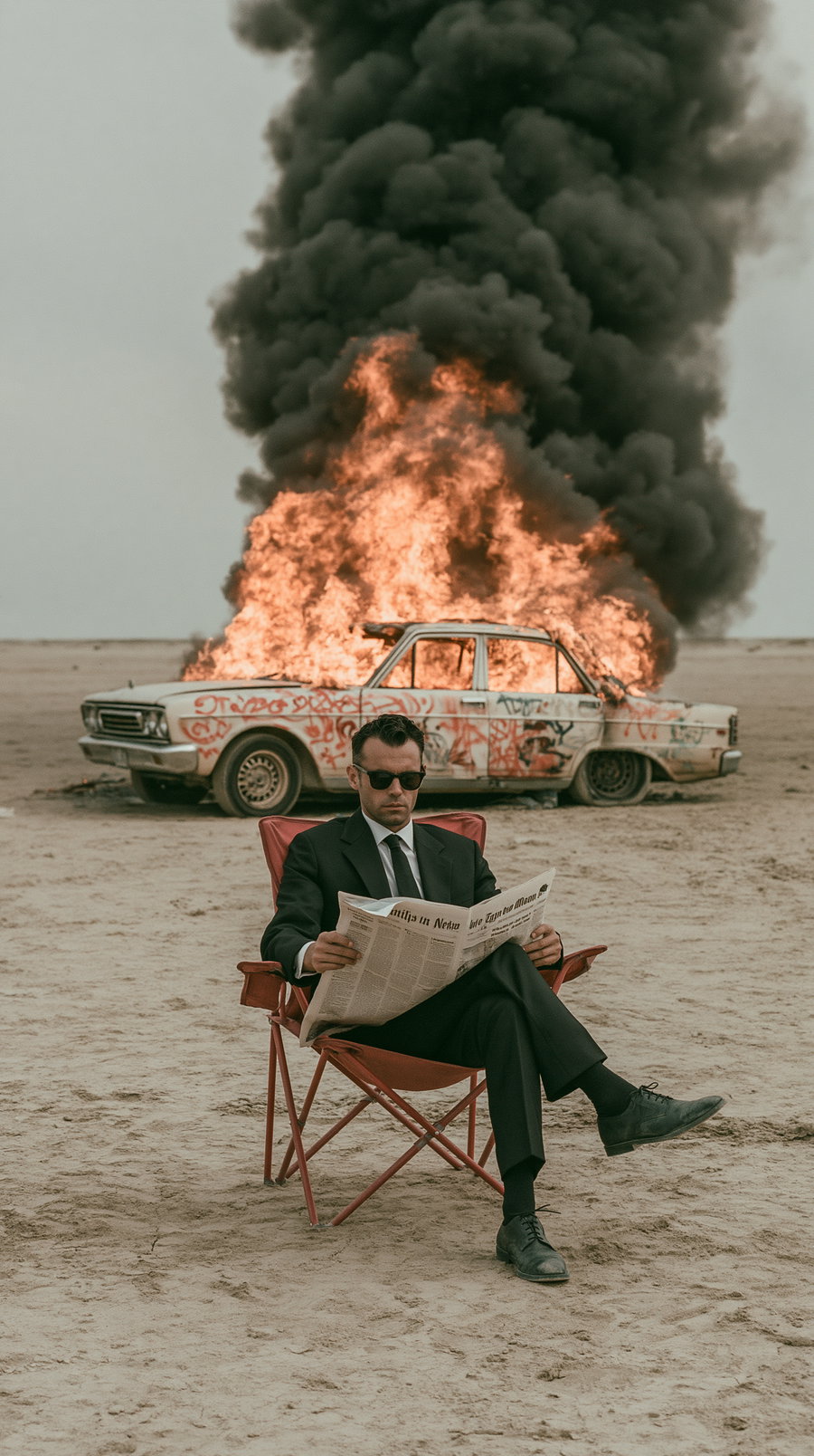A man wearing a black suit and sunglasses sits on a red folding chair reading a newspaper on a barren sandy ground with an old car covered in graffiti engulfed in large flames and thick black smoke behind him