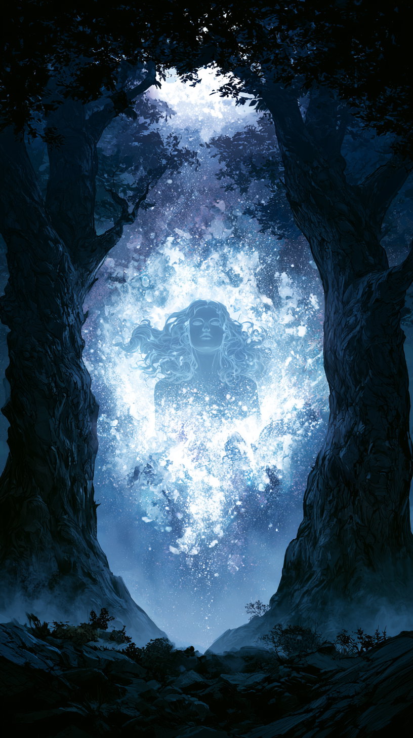 A glowing ethereal female figure with flowing hair appears in a blue mystical light between two large trees in a dark forest at night