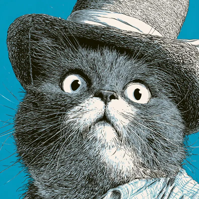 Close-up digital drawing of a wide-eyed cat wearing a hat and scarf