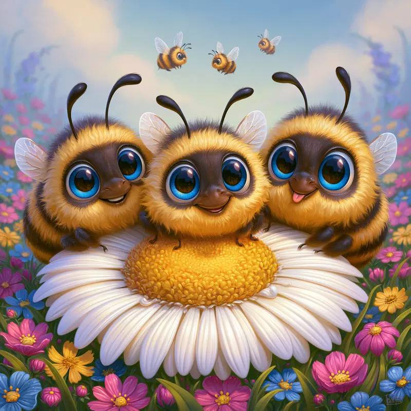 Cute cartoon bees with large eyes on a daisy in vibrant flower field