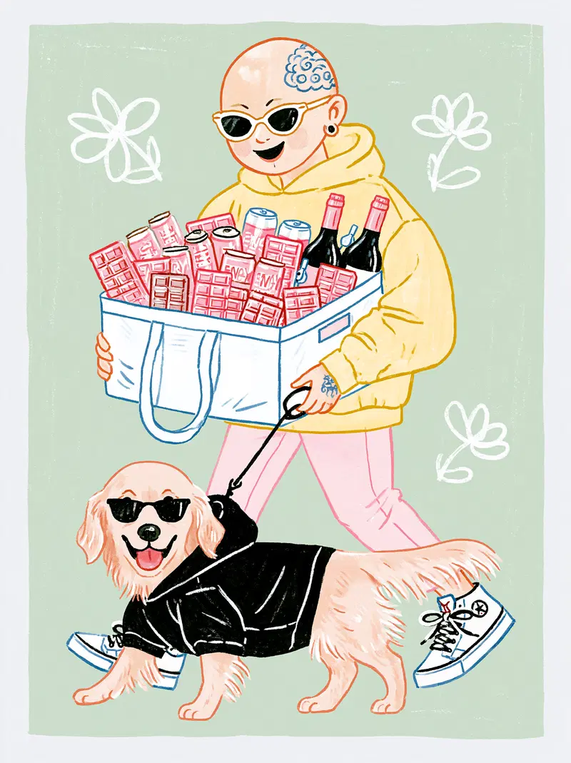Stylish character walking a cool dog both wearing sunglasses