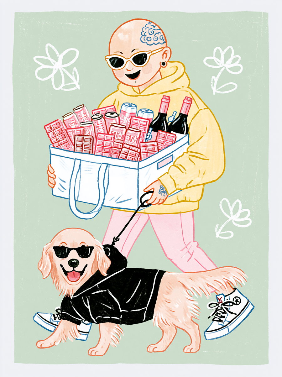 Illustration of a bald person wearing sunglasses and a yellow hoodie carrying a large bag full of snacks and bottles while walking a golden retriever dog dressed in a black shirt and wearing sunglasses