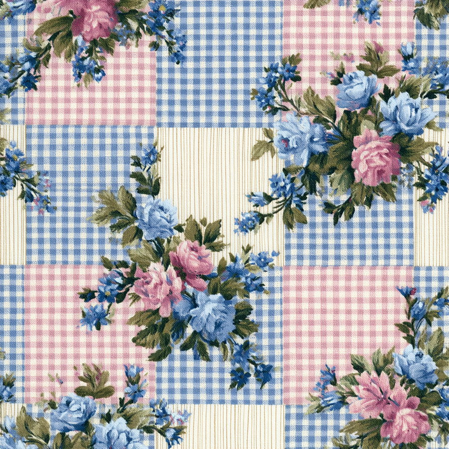 A textile pattern featuring clusters of blue and pink roses with green leaves over alternating patches of pink and blue gingham checks and cream areas with thin vertical stripes