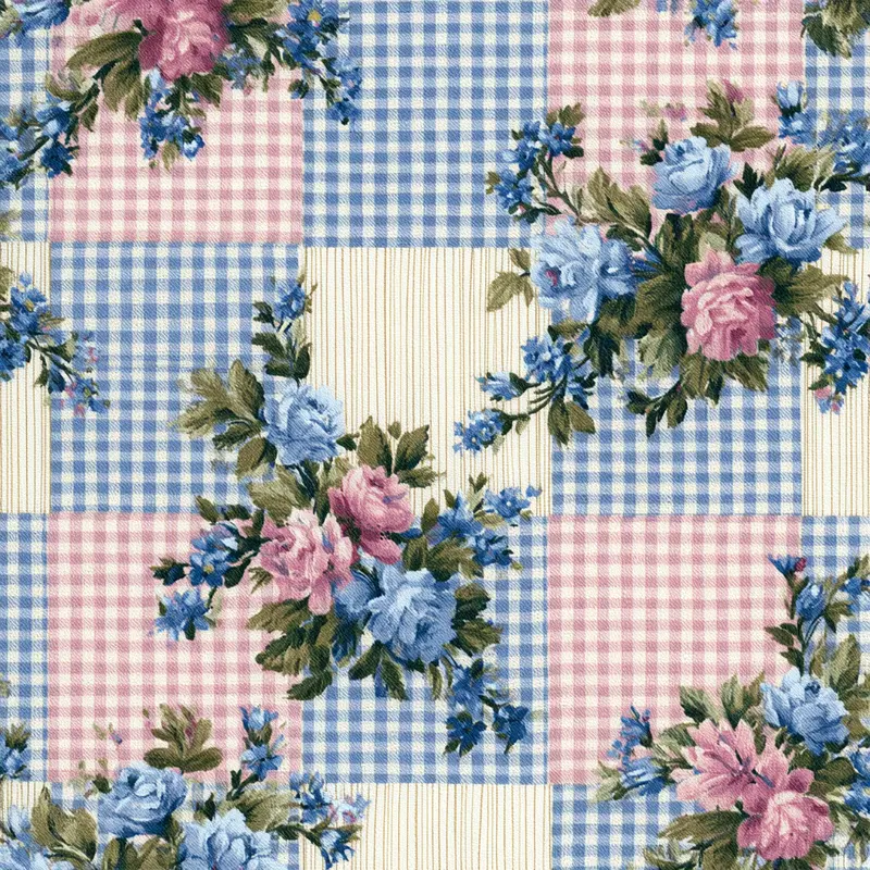 Vintage floral patchwork pattern with blue and pink roses and gingham