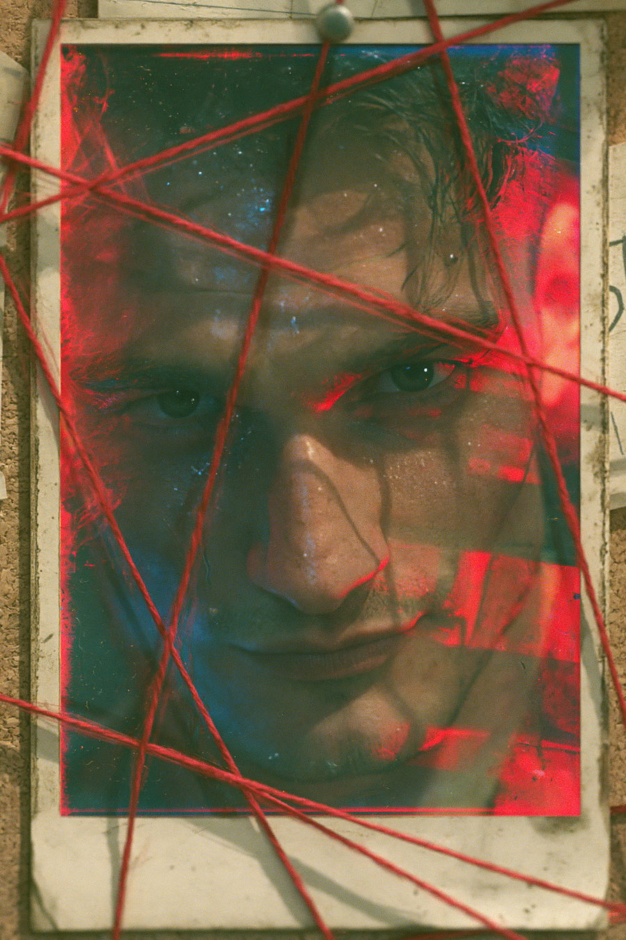 Close-up of a man's intense face on a vintage photo entangled in red string, with a dark and eerie atmosphere