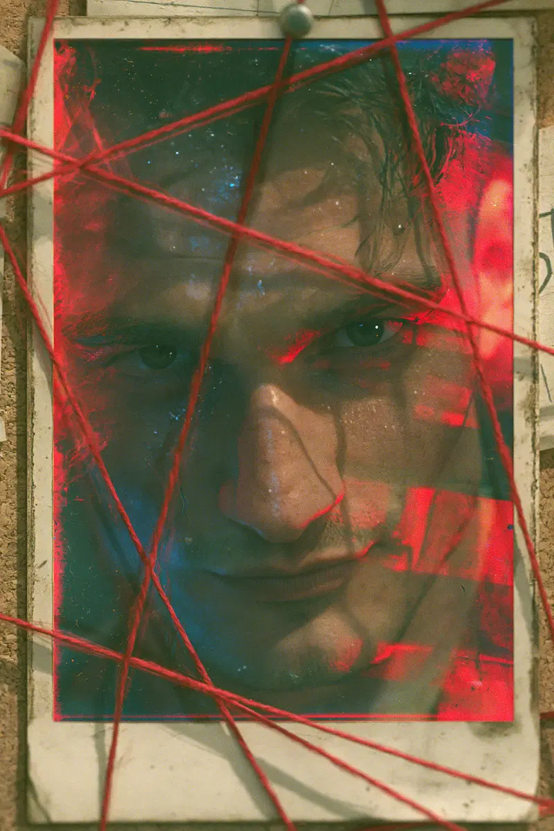 Mysterious dark fantasy portrait with red string web on photo