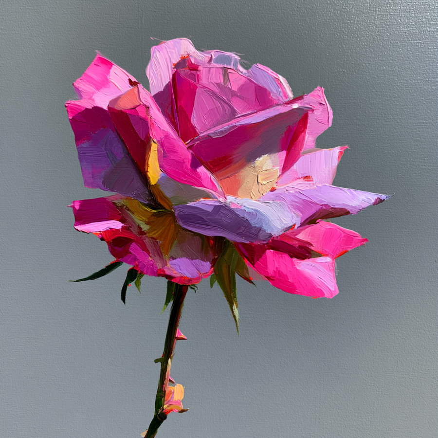 An oil painting of a pink rose with various shades of pink, purple, and red petals on a green stem against a solid gray background