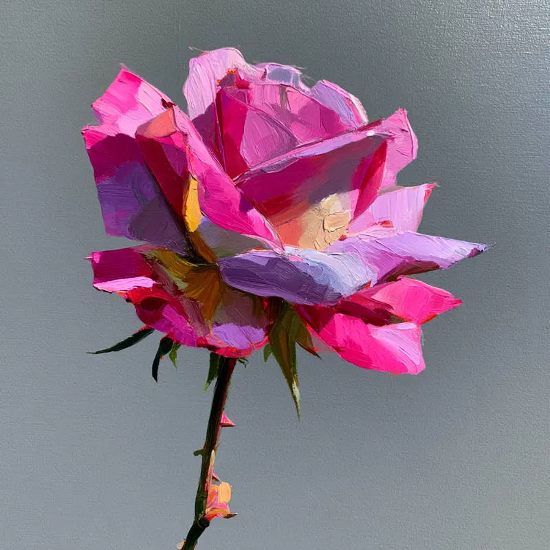 Close-up oil painting of a vibrant pink rose on a plain background